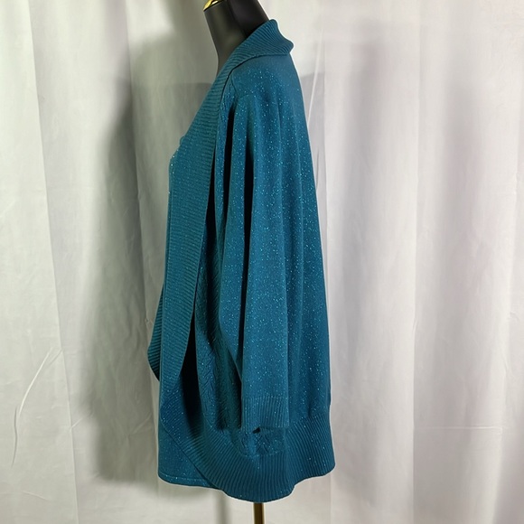 NWT Karen Scott Teal Rhinestone Embellished Glittery Twofer Cardigan - Picture 2 of 16